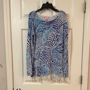 Lilly Pulitzer Blue and White Patterned Sweater with Fringe